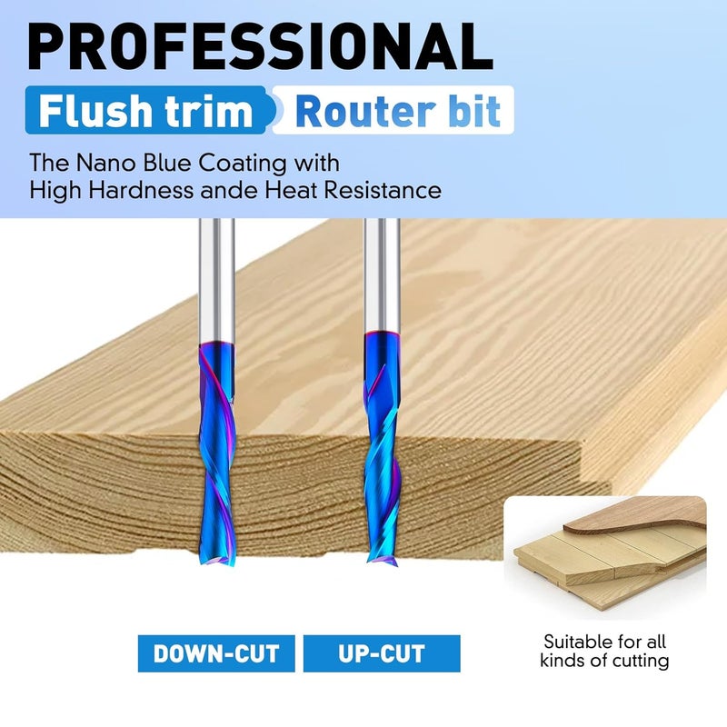 SILIVN CNC Router Bits End Mill for Wood Cut, Carving, Edge Trimming,1/4 Inch Shank Solid Carbide Flush with Nano Blue Coating, Set of 1Pcs Down Cut Bits+1Pcs Up Cut Bits+1Pcs Compression - Image 5